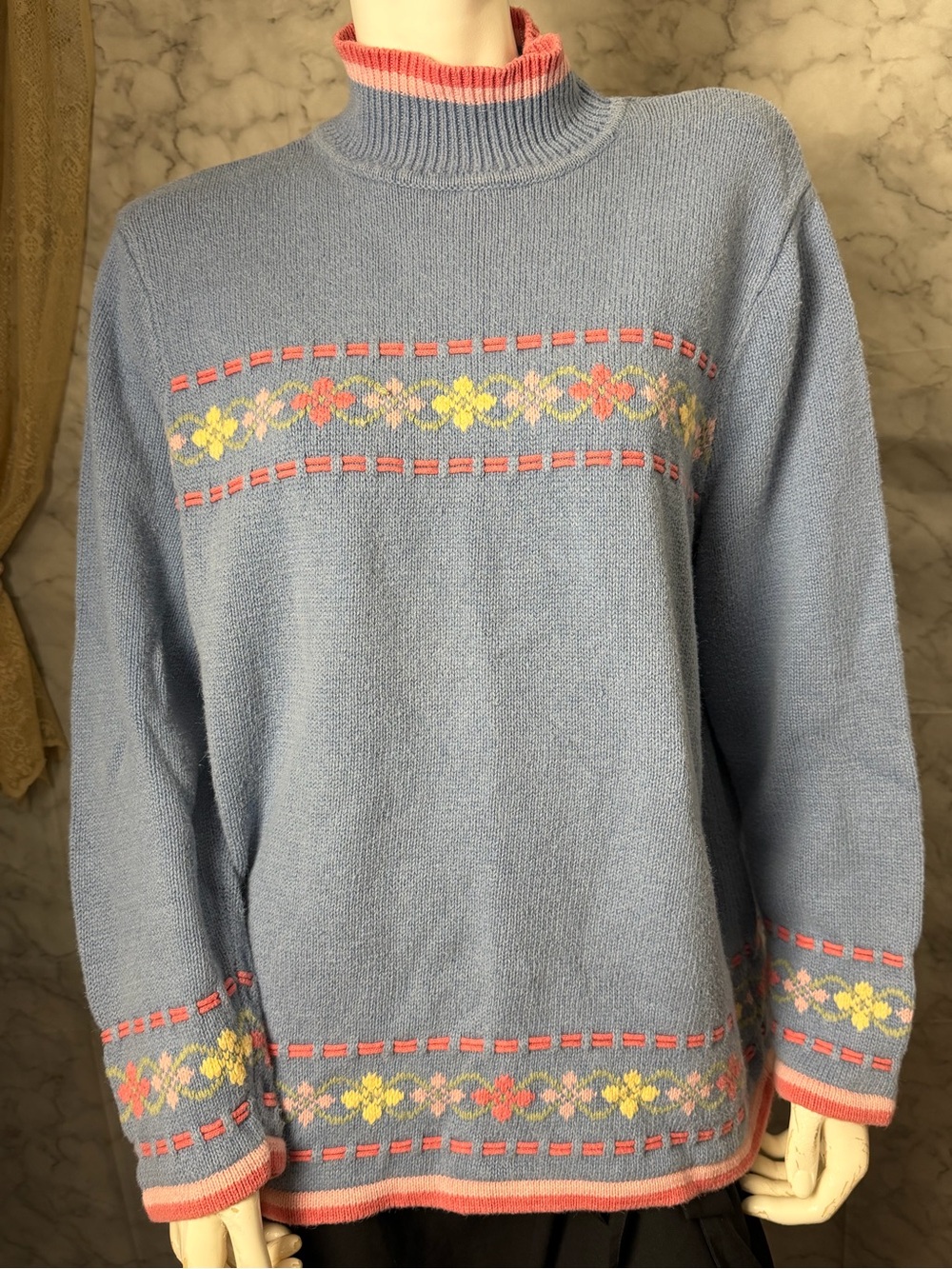 Hand Embroidered Flower Detail Sweater Dusty Blue Coral Grandmacore Folk XL